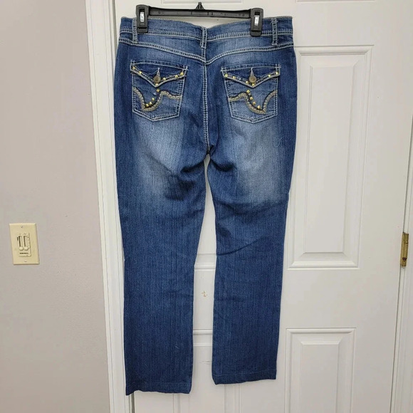 Cache Gold Grommet Factory Distressed Straight Leg Denim Jeans Size 10 - Picture 7 of 14